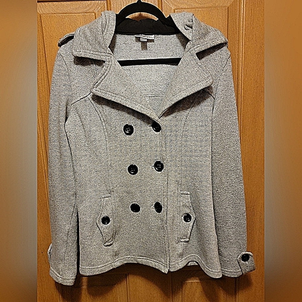 EUC Dress Barn Black White & Heather Gray Medium Pea Coat With HOOD
